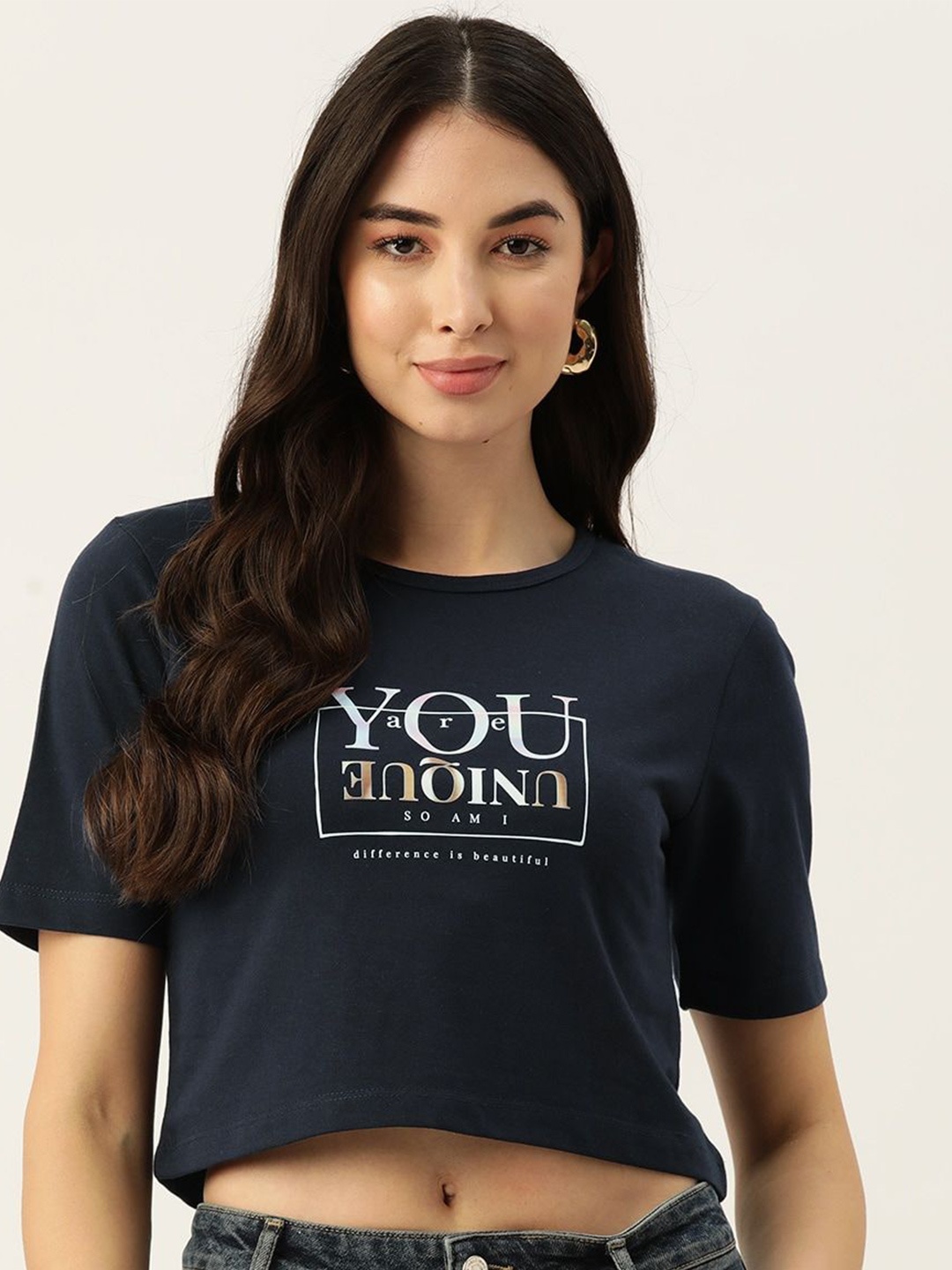 Slenor Women Typography Printed Pure Cotton T-shirt, Navy blue