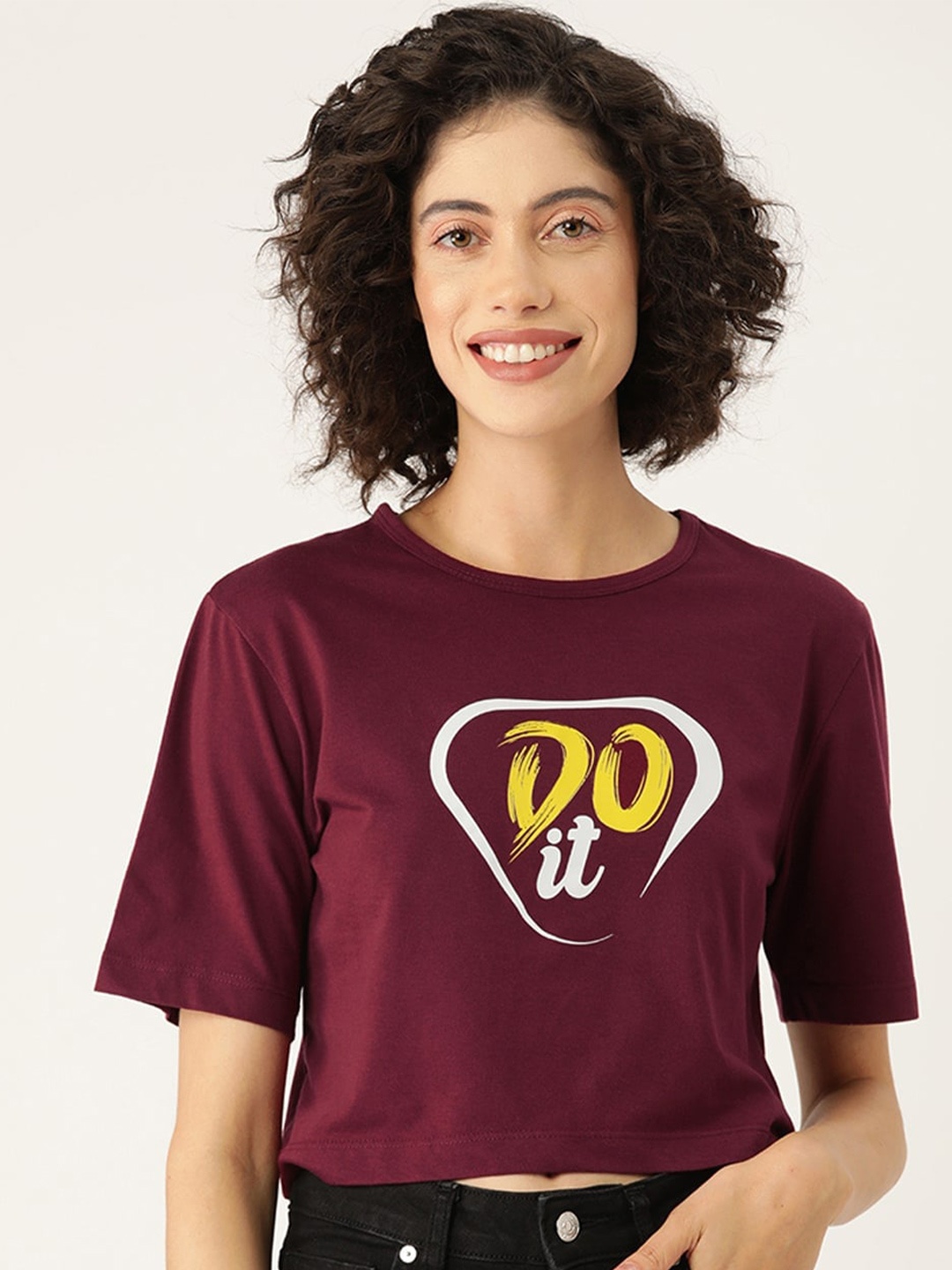 

Slenor Women Typography Printed Pure Cotton Crop T-shirt, Maroon