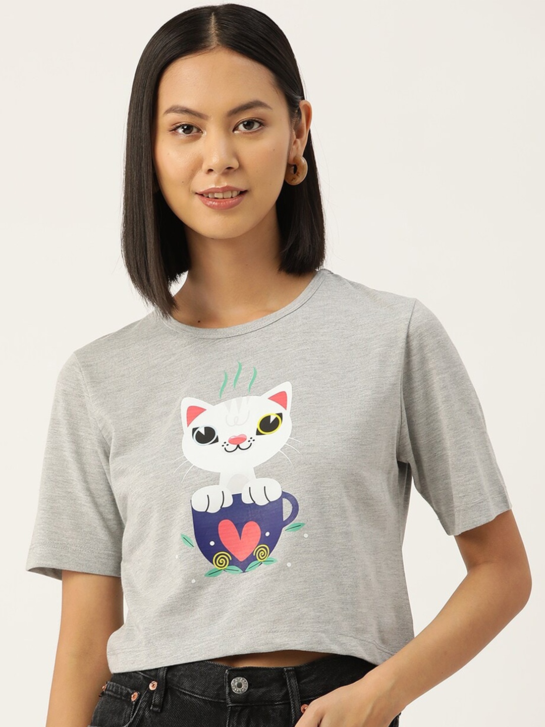 

Slenor Women Graphic Printed Pure Cotton Crop T-shirt, Grey melange