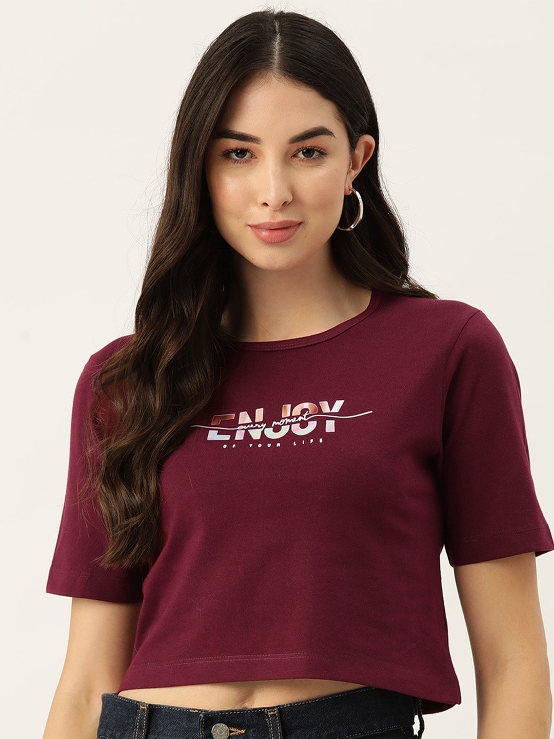 

Slenor Women Typography Printed Pure Cotton Crop T-shirt, Maroon