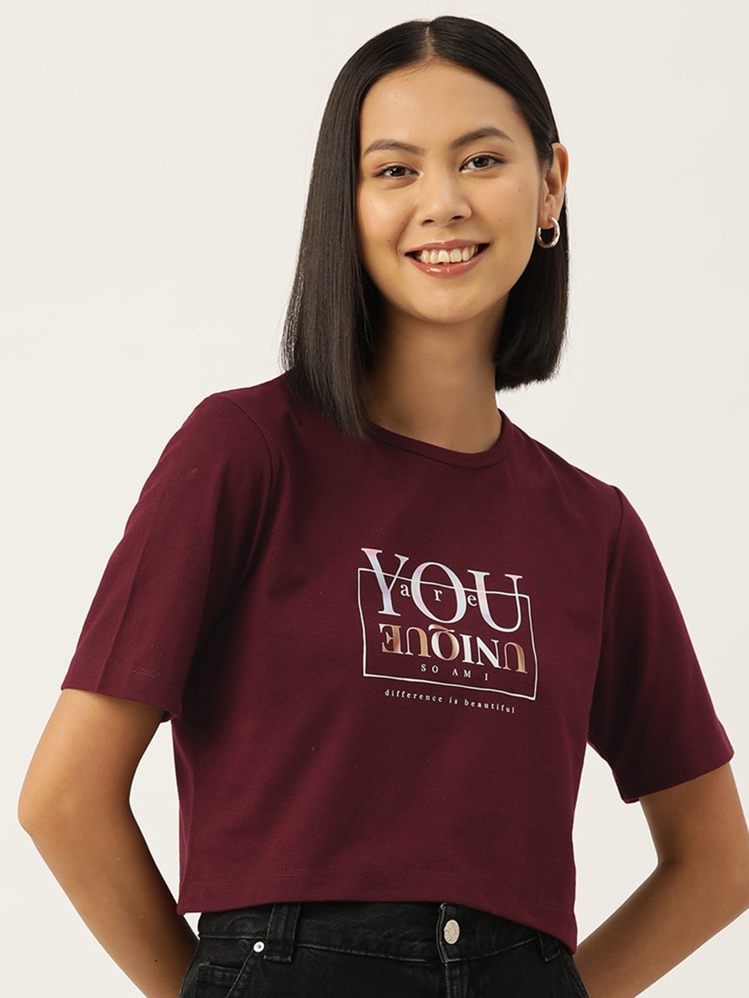 

Slenor Women Typography Printed Pure Cotton Crop T-shirt, Maroon