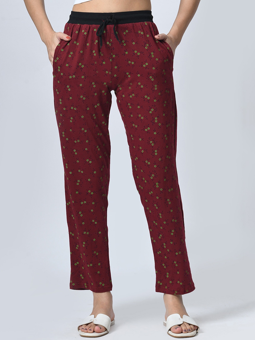 

BAESD Women Printed Cotton High Waist Regular Fit Trousers, Maroon