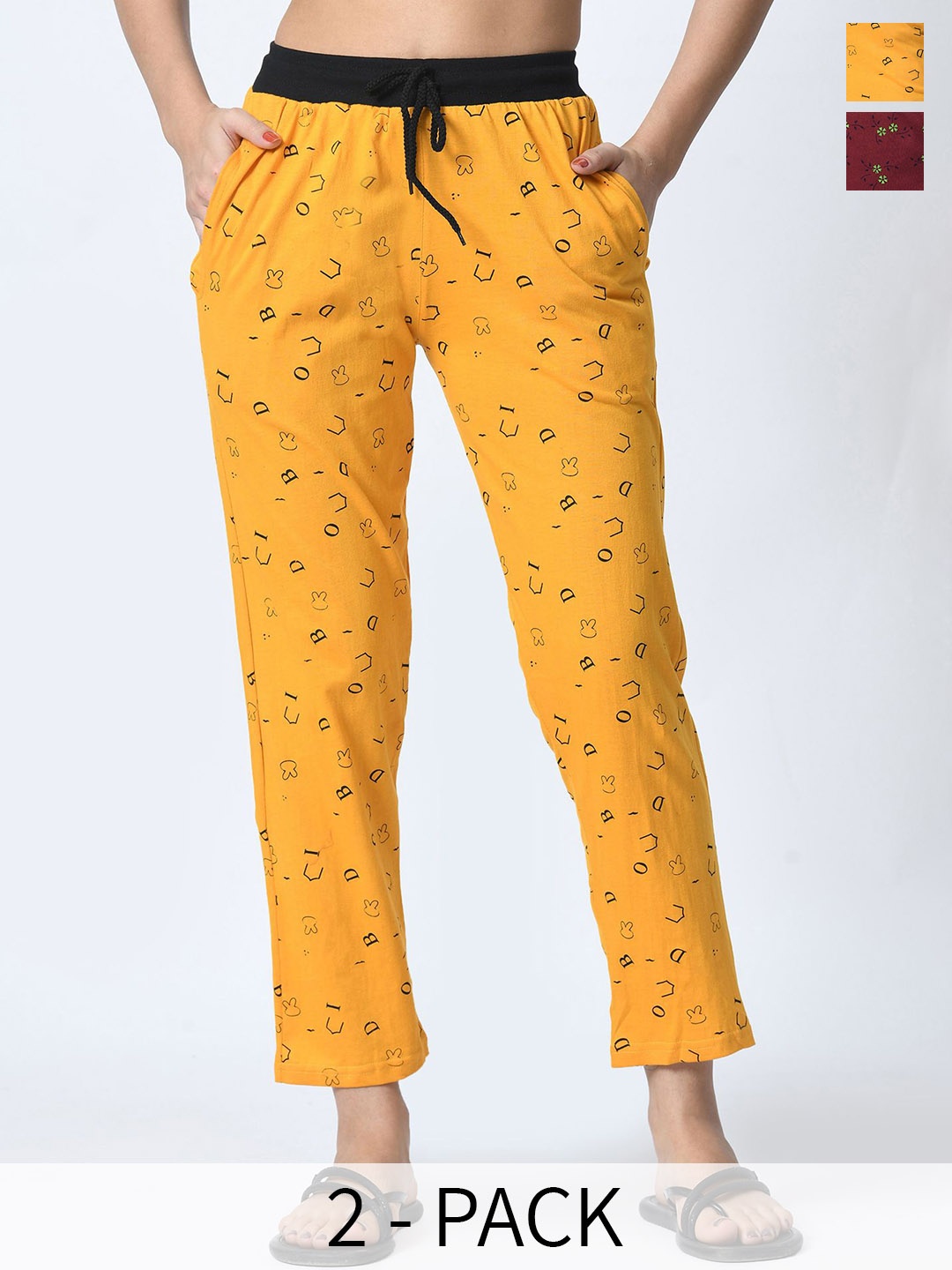 

BAESD Women Pack Of 2 Geometric Printed Cotton Trackpants, Yellow