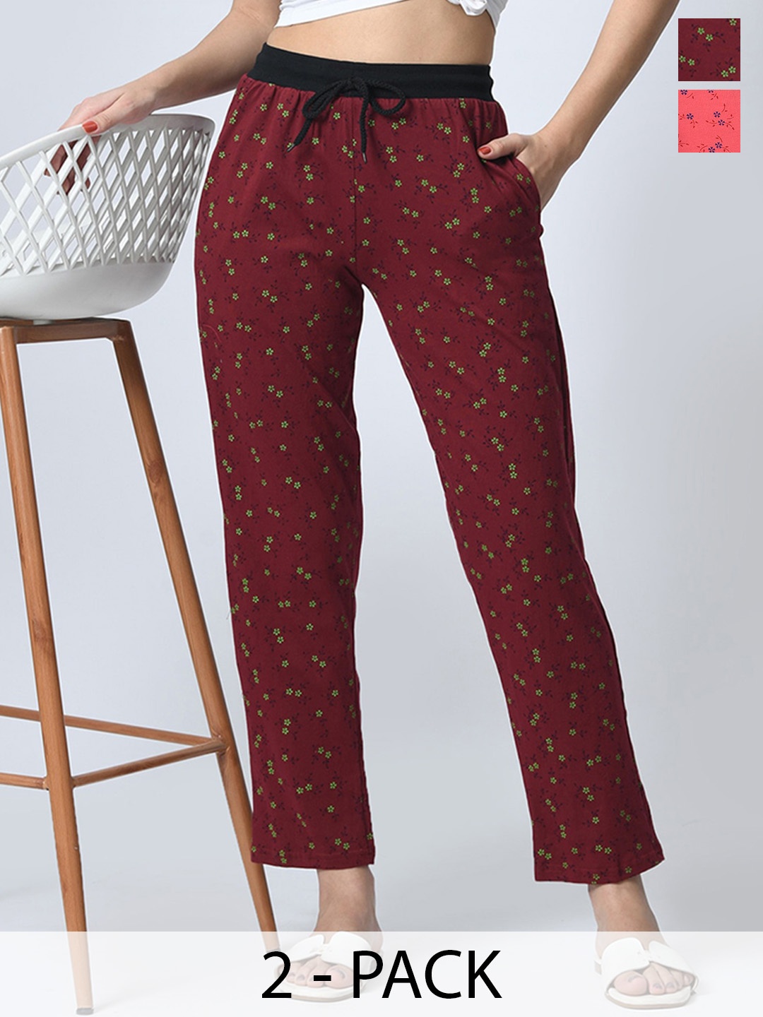 

BAESD Women Pack of 2 Printed Mid-Rise Cotton Lounge Pants, Brown