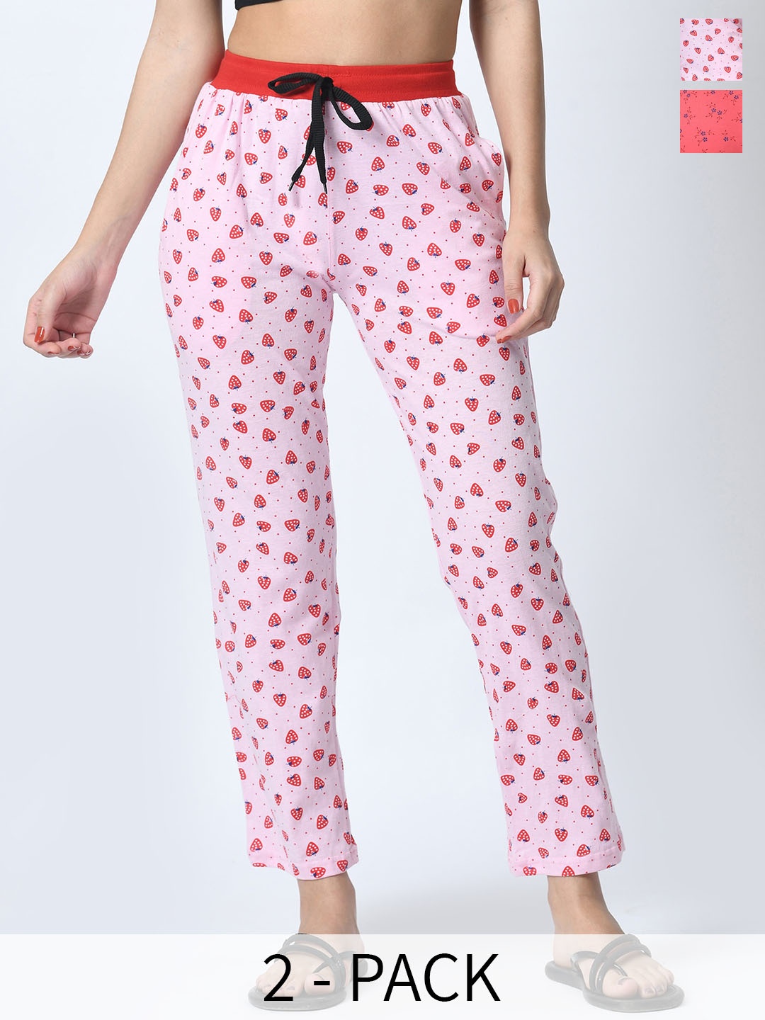 

BAESD Women Pack of 2 Printed Mid-Rise Cotton Lounge Pants, Pink