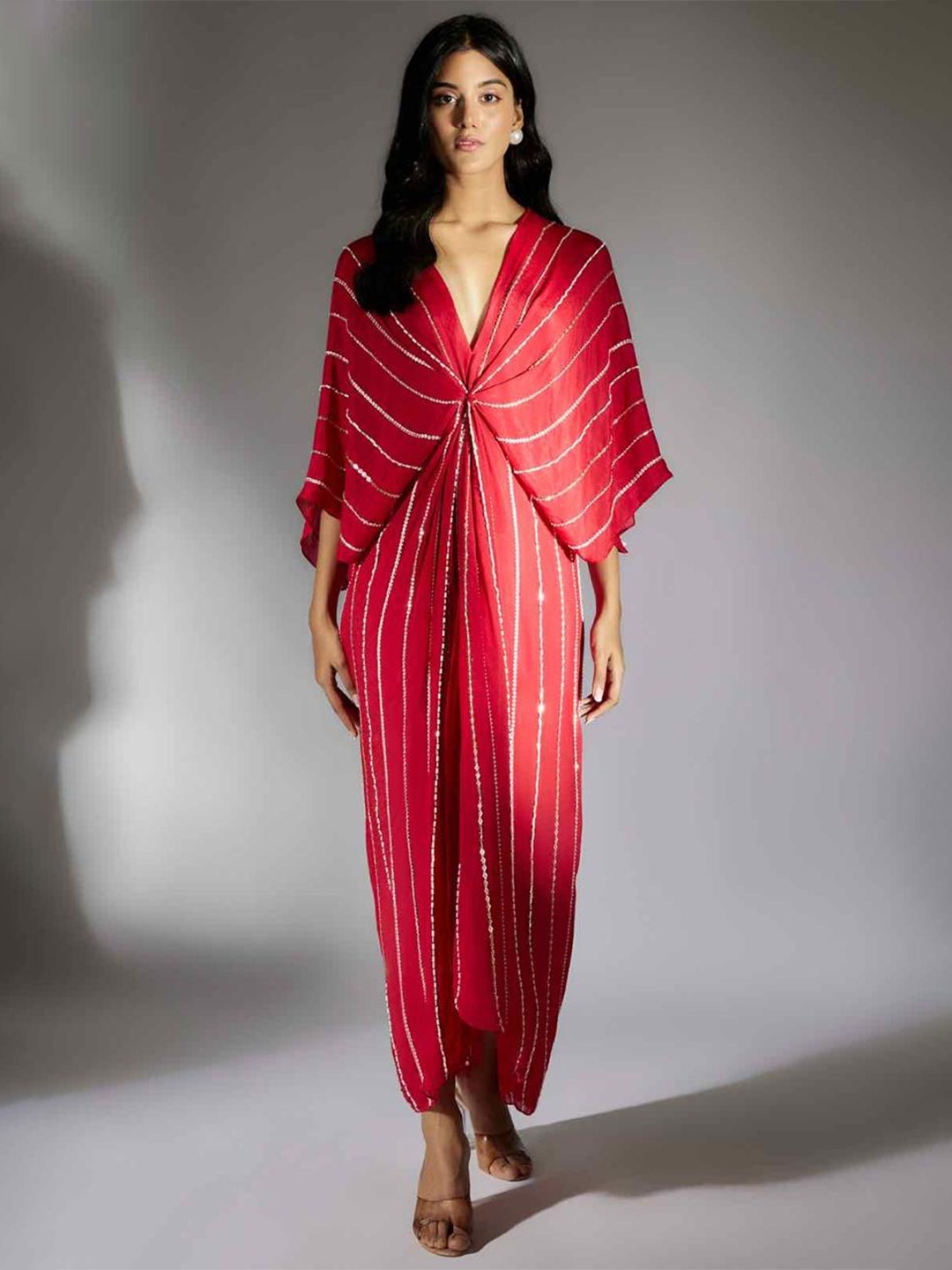 

Masumi Mewawalla Striped Kimono Sleeve Sequined Crepe Kaftan Dress, Red