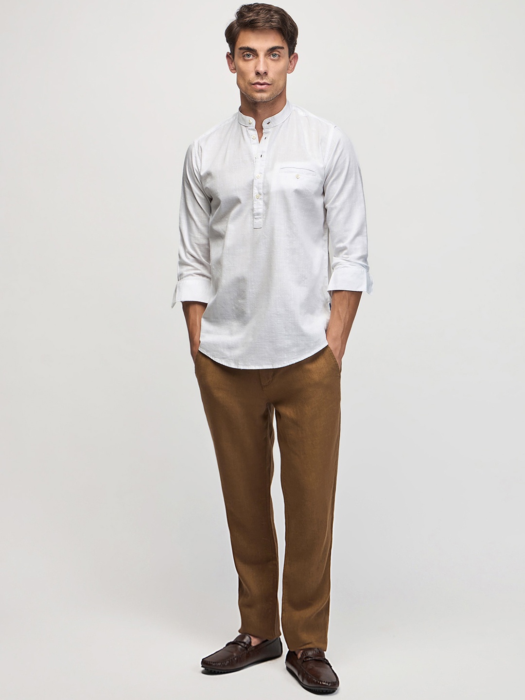 

Red Flame Mandarin Collar Full Sleeve Cotton Kurta, White