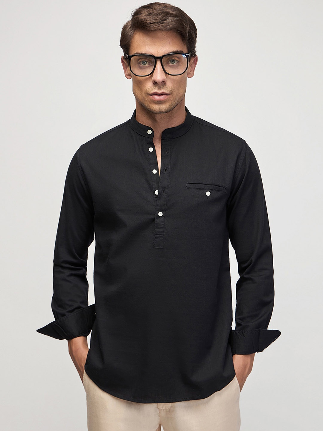 

Red Flame Mandarin Collar Long Sleeves Straight Cotton Kurta, Black