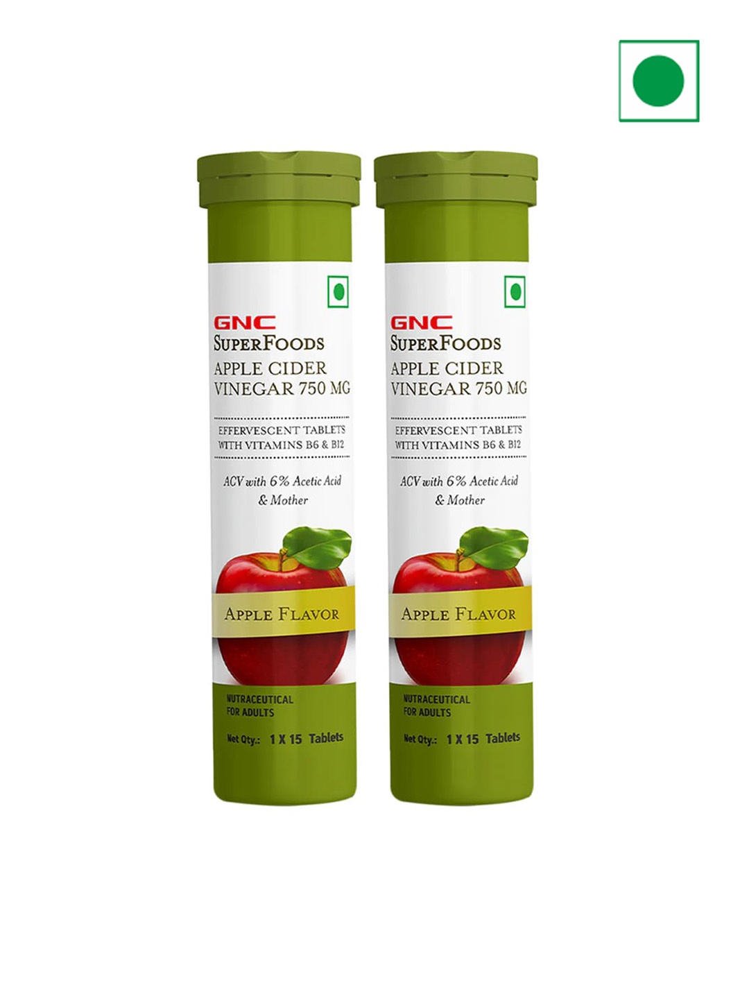 

GNC Set Of 2 Apple Cider Vinegar Effervescent Tablets - 15 Tablets Each, Green