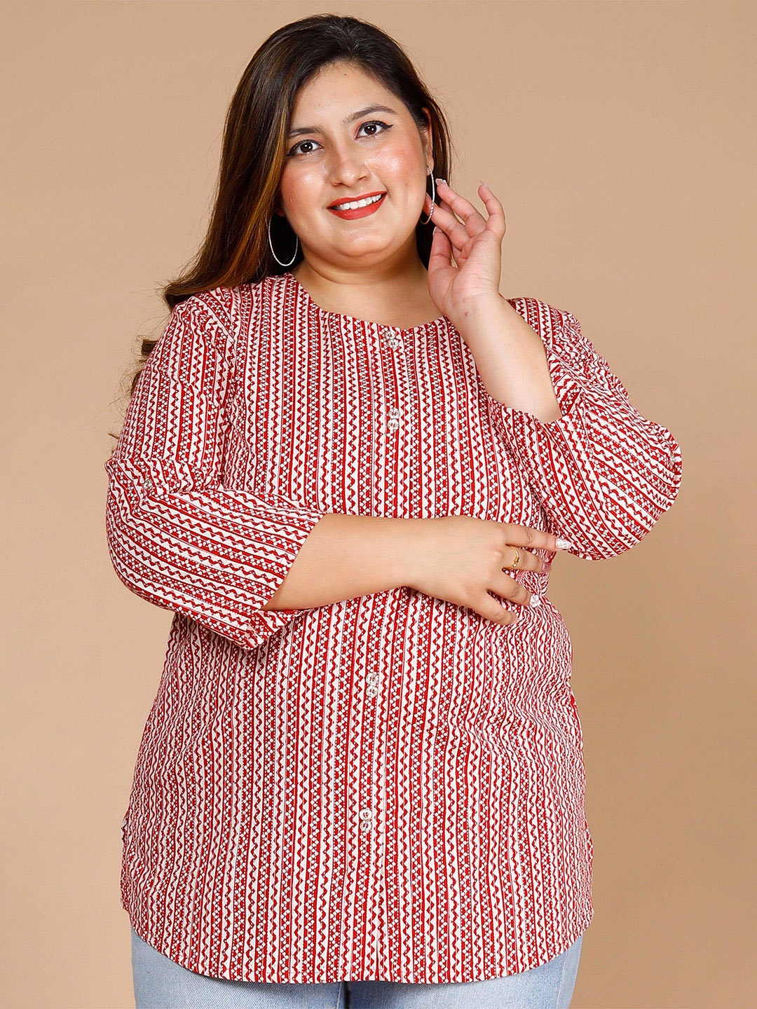 

madam PLUS Geometric Printed Round Neck Cotton Top, Red