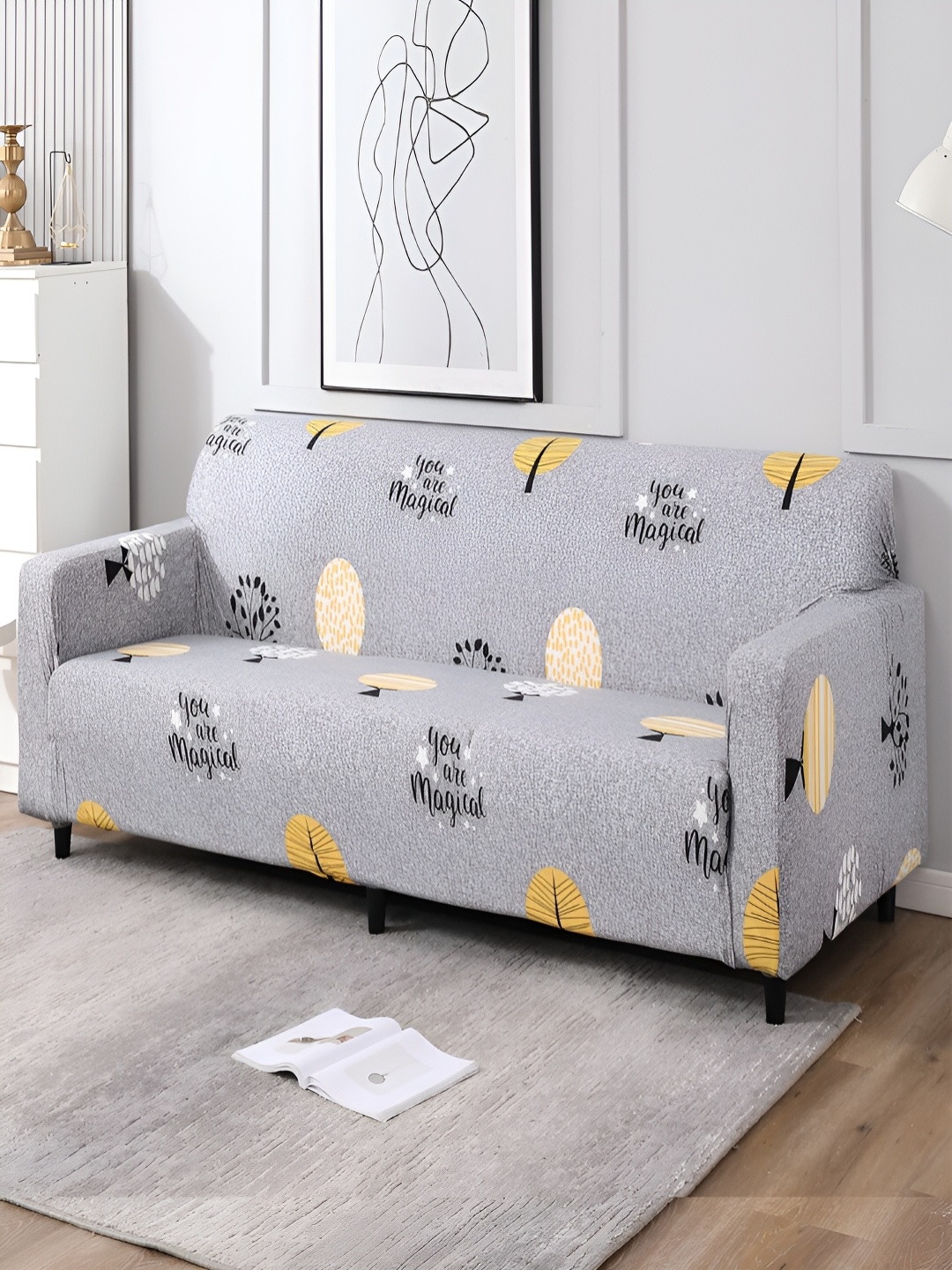 

HOKIPO Grey & Yellow Printed Elastic Stretchable 4 Seater Sofa Cover With Arms