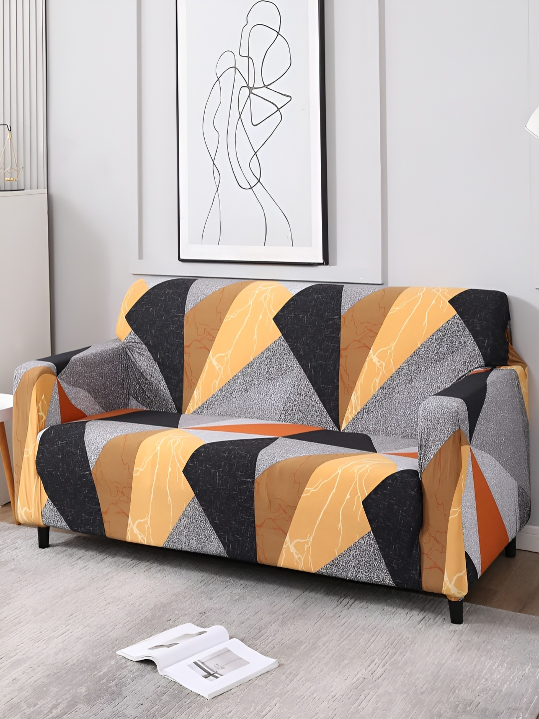 

HOKIPO Yellow & Black Printed 3 Seater Elasticated Sofa Cover With Arms