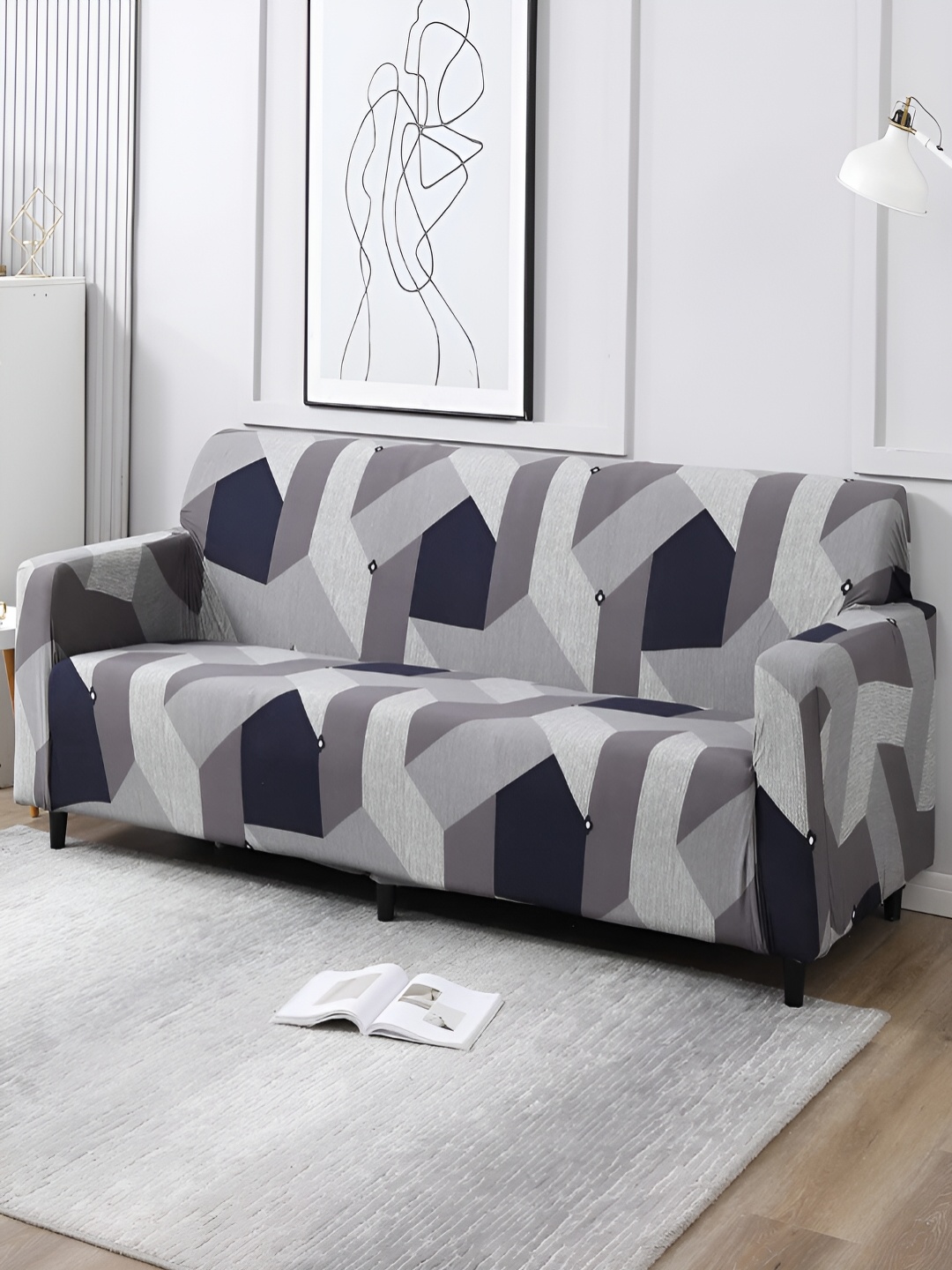 

HOKIPO Grey & Black Printed 4 Seater Elasticated Sofa Cover With Arms