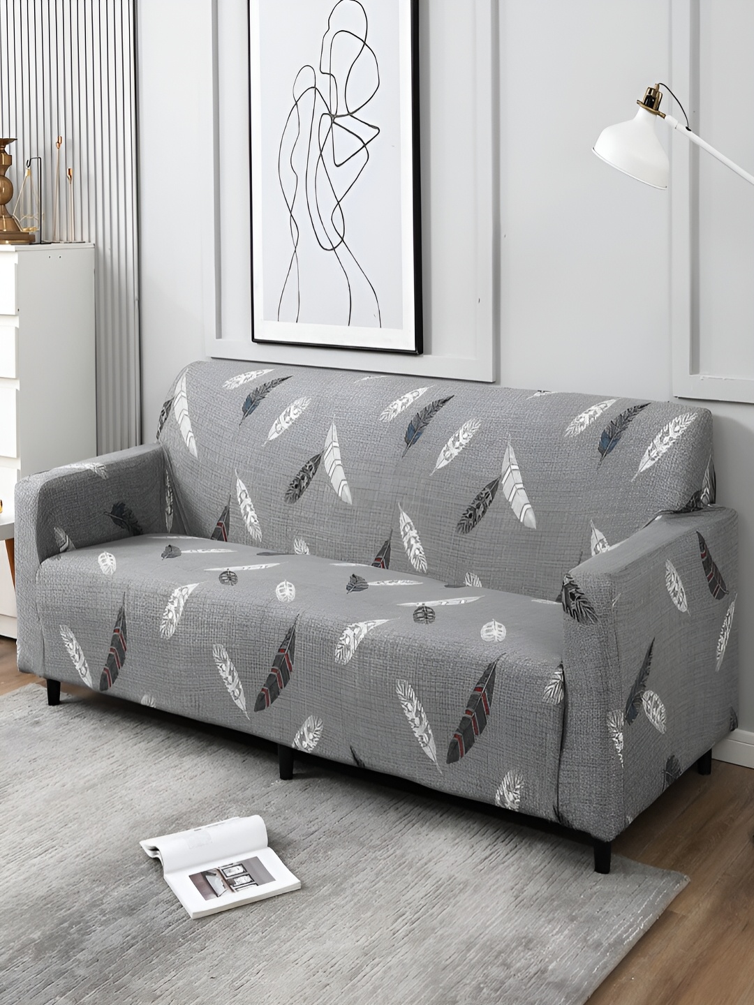

HOKIPO Grey & White Printed Elastic Stretchable Sofa Cover With Arms