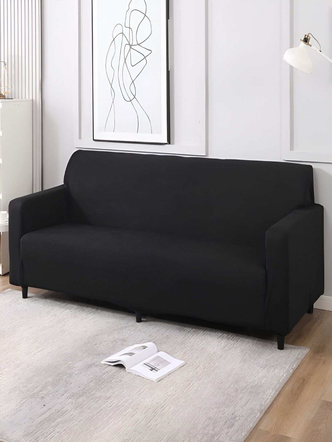 

HOKIPO Black 4 Seater Elasticated Sofa Cover With Arms