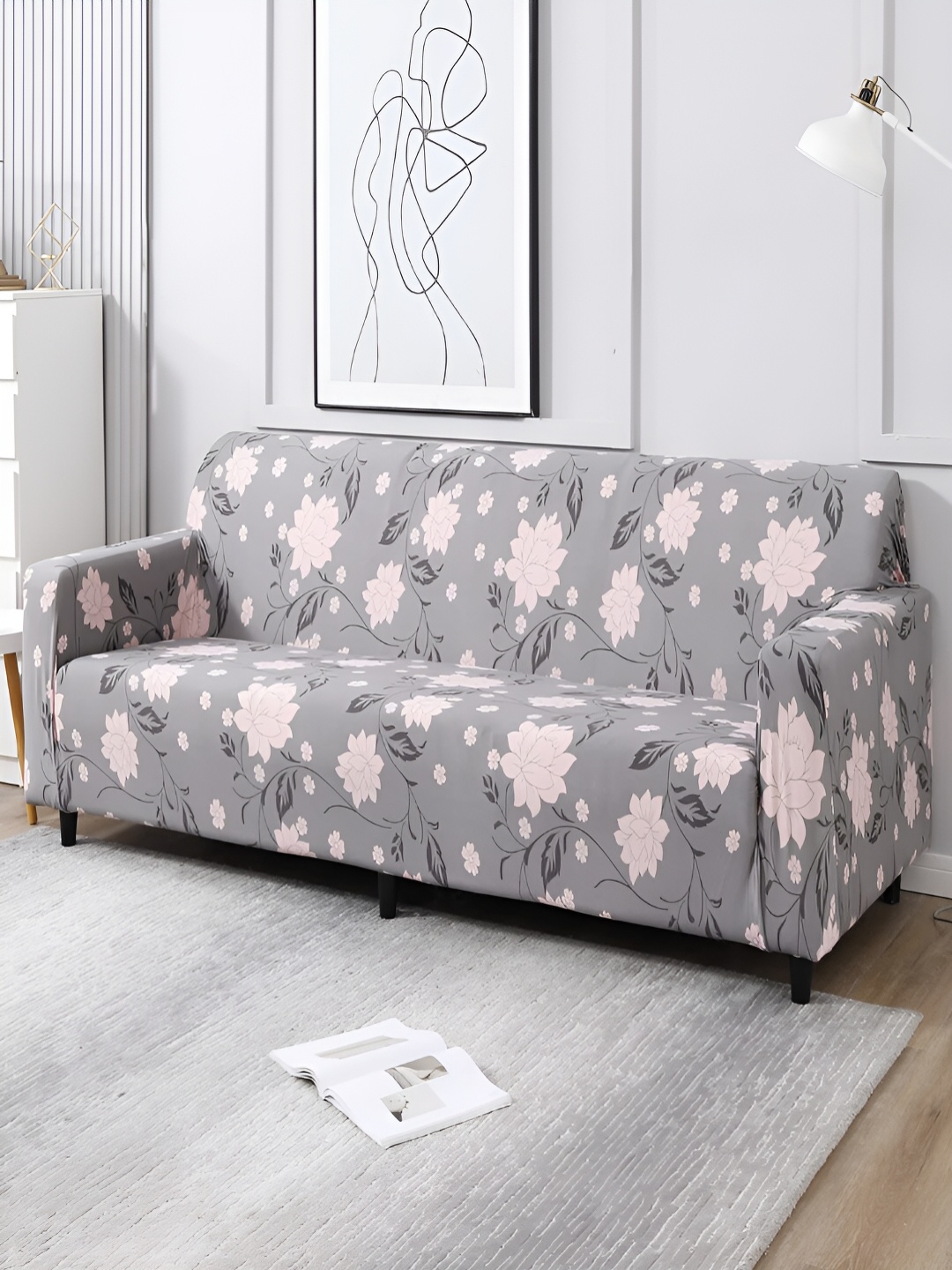 

HOKIPO Grey & Pink Printed 4 Seater Elasticated Sofa Cover With Arms