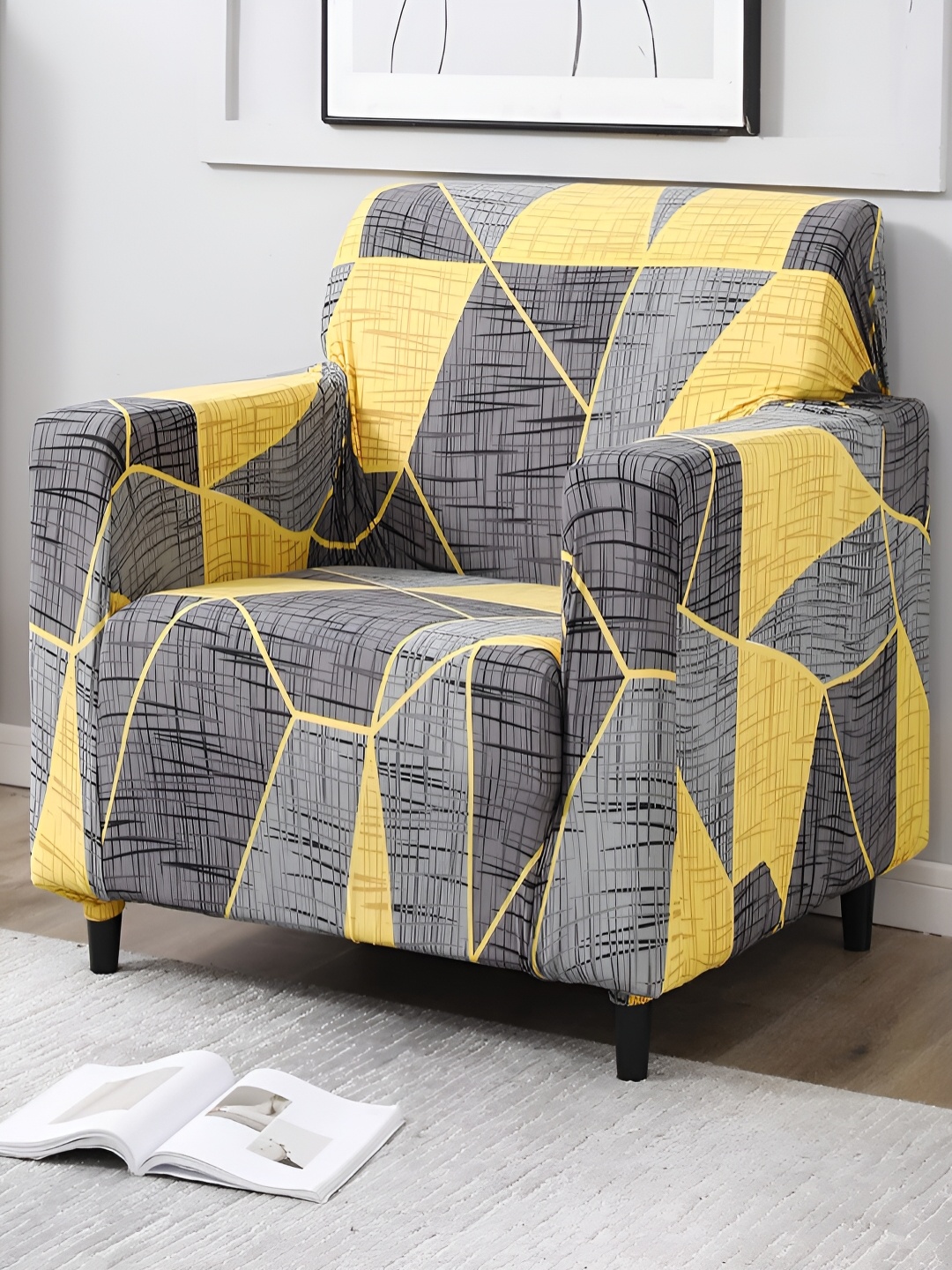 

HOKIPO Grey & Yellow Printed Elasticated Sofa Cover With Arms