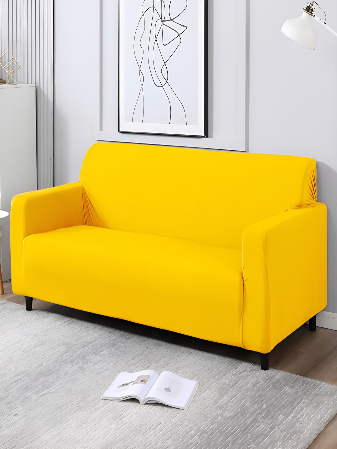 

HOKIPO Yellow 3 Seater Stretchable Sofa Cover With Arms