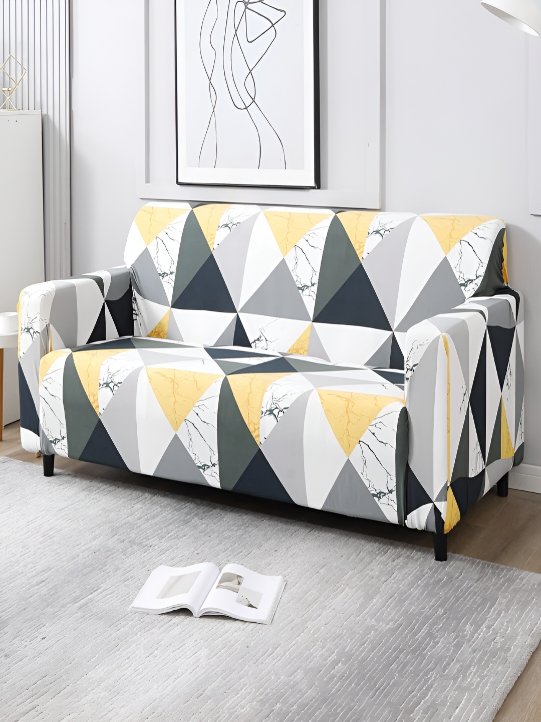 

HOKIPO Yellow & Grey Printed 4 Seater Elasticated Sofa Cover With Arms