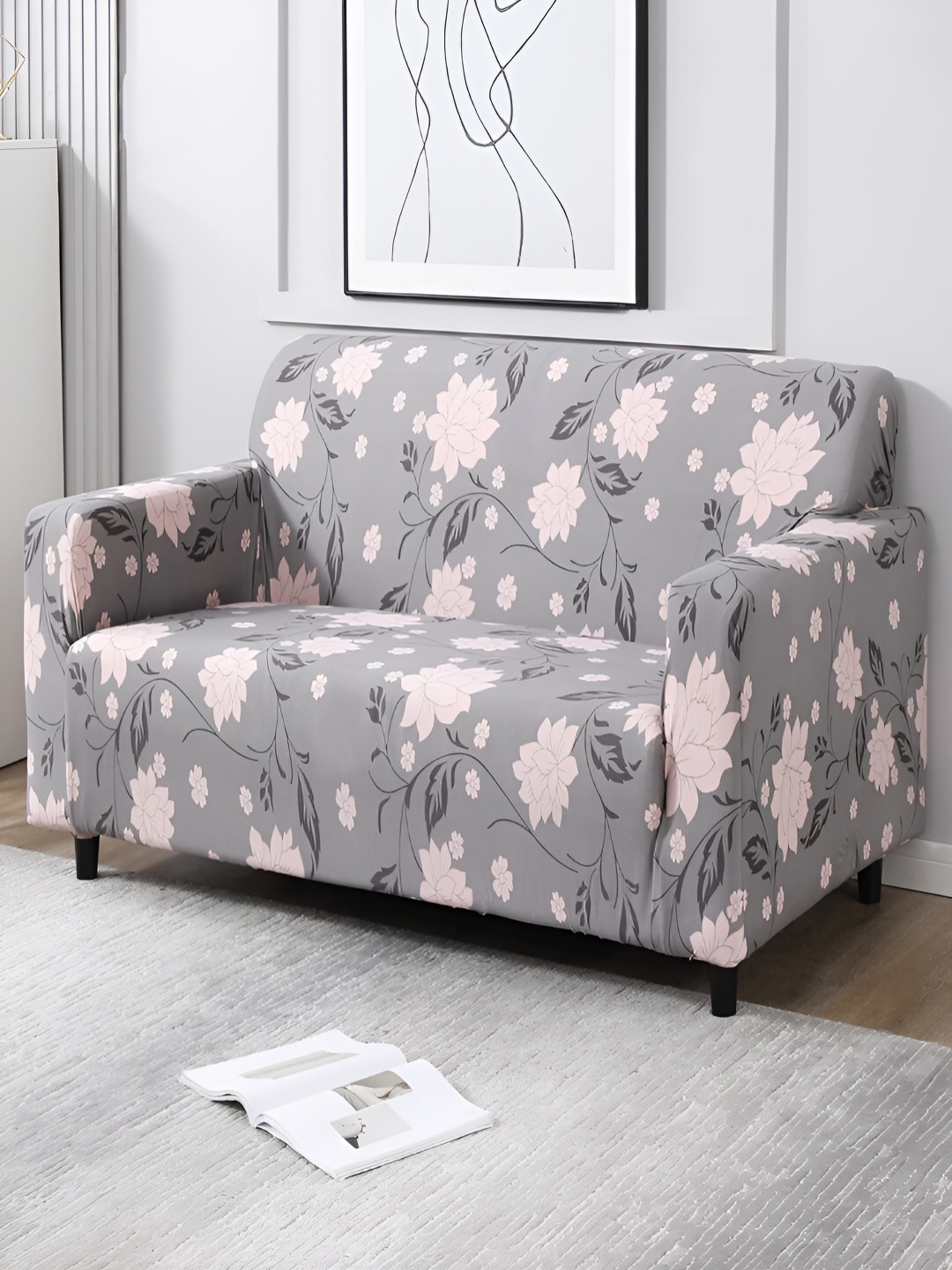 

HOKIPO Grey & Pink Floral Printed Stretchable 2 Seater Sofa Cover With Arms
