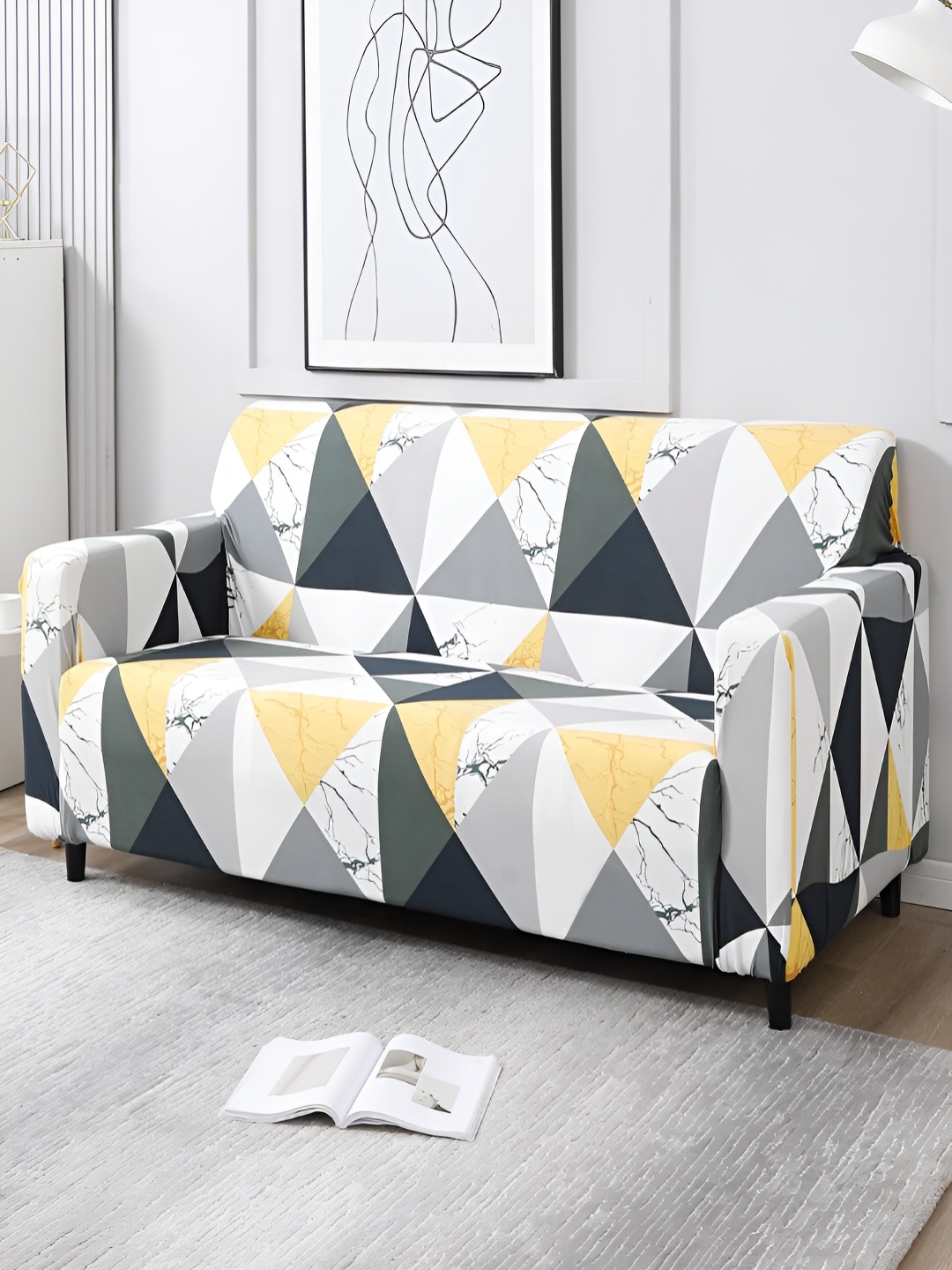 

HOKIPO Grey & Yellow Printed 3 Seater Elasticated Sofa Cover With Arms