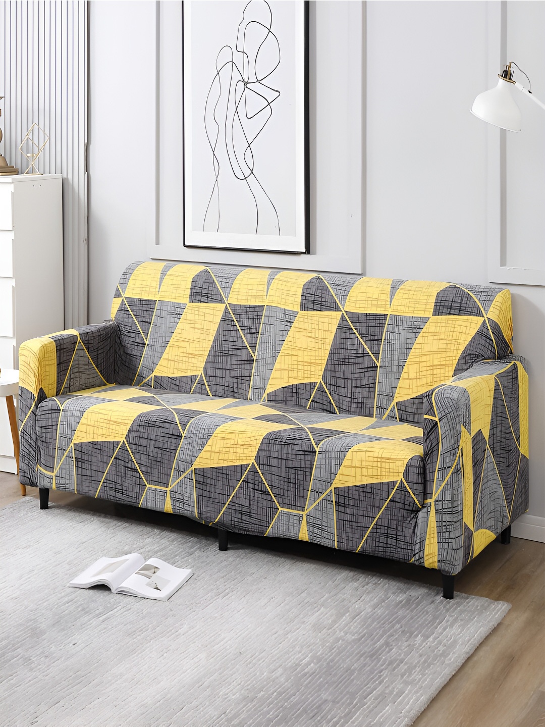 

HOKIPO Grey & Yellow Printed 4 Seater Elasticated Sofa Cover With Arms