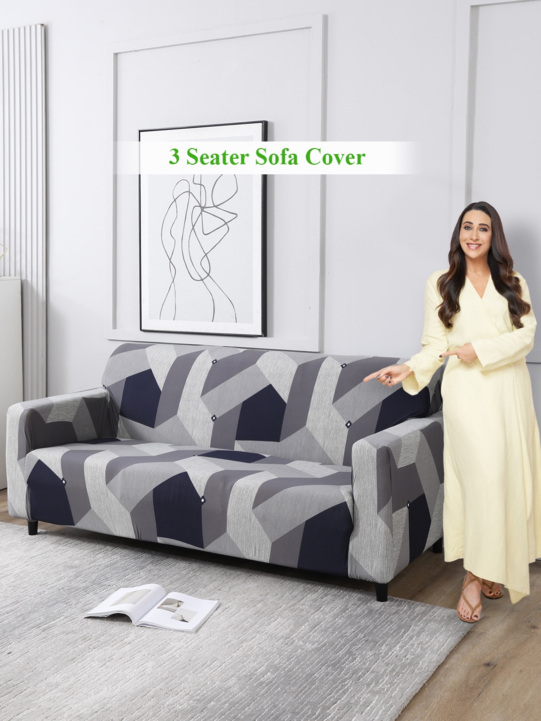 

HOKIPO Grey & Black Printed 3 Seater Elasticated Sofa Cover With Arms