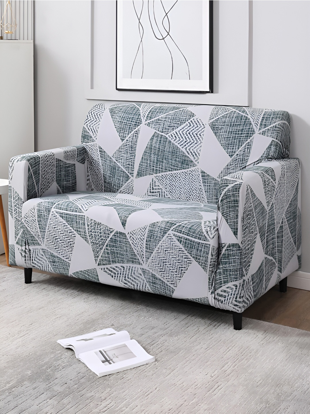

HOKIPO Grey & Green Printed 2 Seater Elasticated Sofa Cover With Arms
