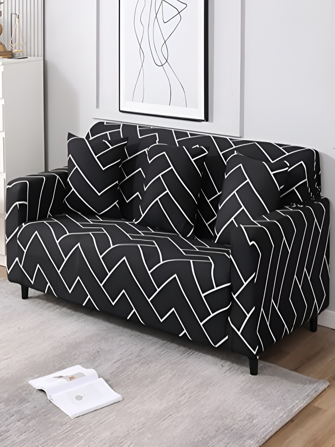 

HOKIPO Black & White Abstract Printed 3 Seater Stretchable Sofa Cover With Arms