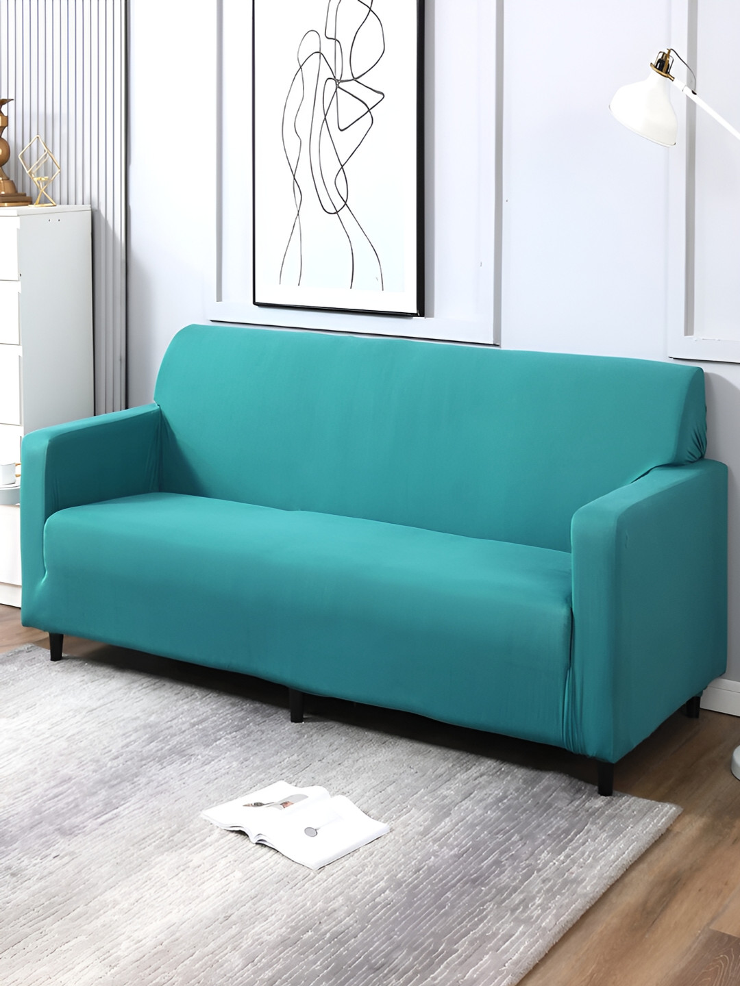 

HOKIPO Turquoise Blue 4 Seater Sofa Cover With Arms