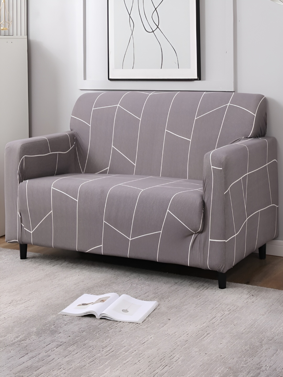 

HOKIPO Grey & White Printed 2 Seater Elasticated Sofa Cover With Arms