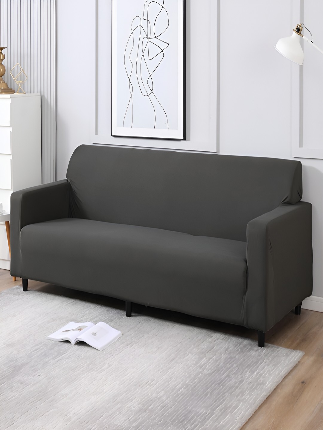 

HOKIPO Grey 4 Seater Elasticated Sofa Cover With Arms