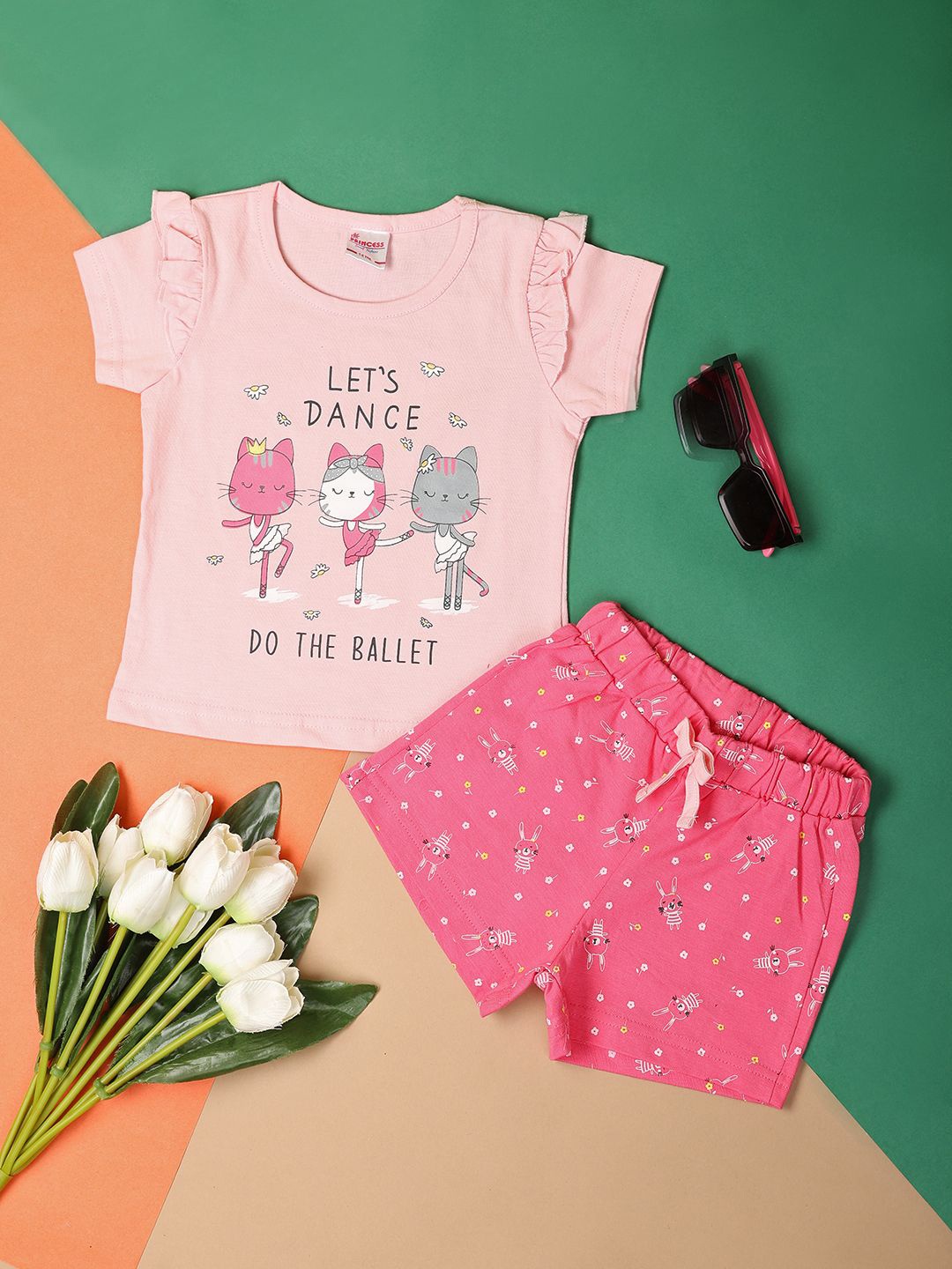 

V-Mart Girls Printed Pure Cotton T-shirt with Shorts, Pink