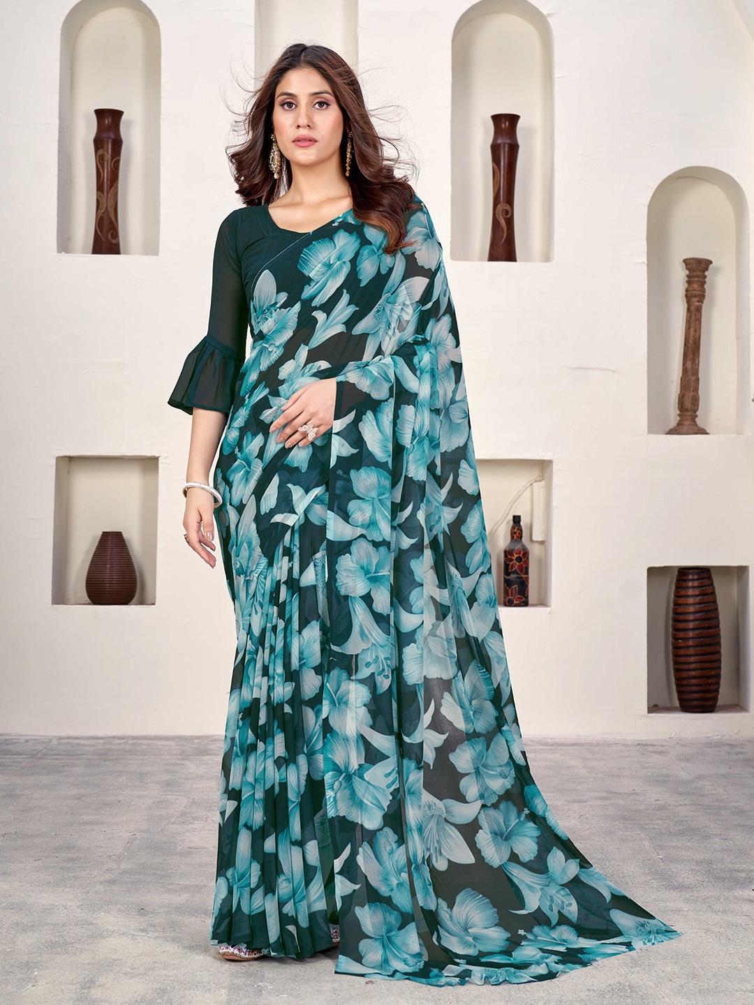 

Mitera Floral Poly Georgette Saree, Teal