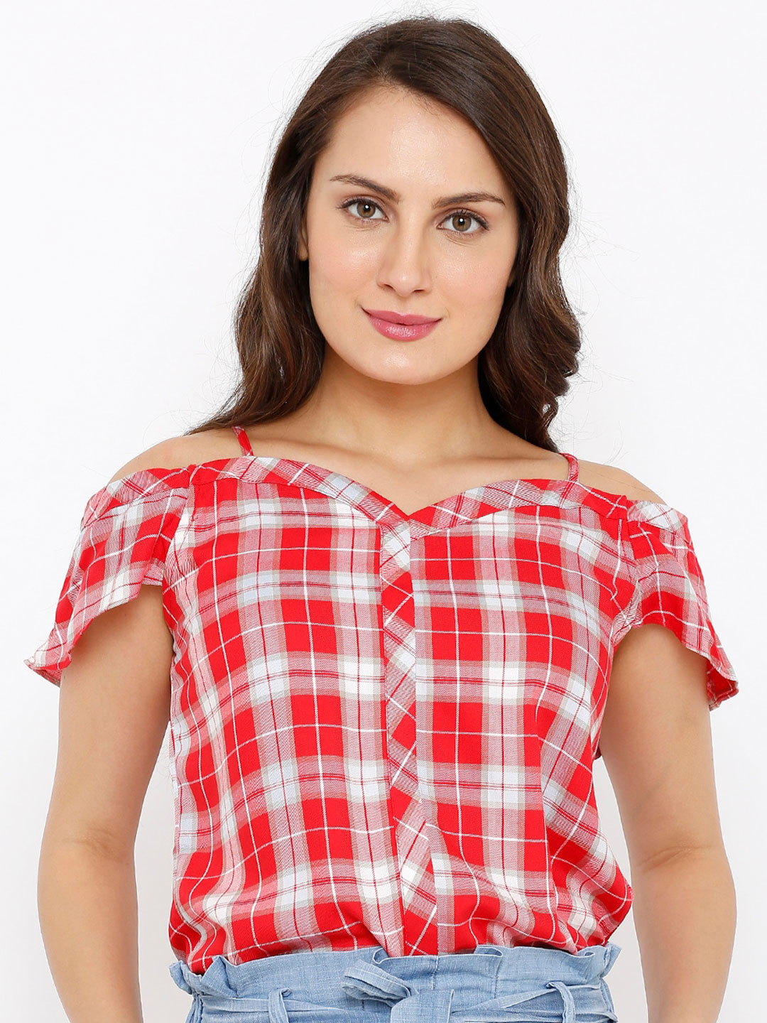 

Kraus Jeans Checked Off-Shoulder Blouson Top, Red