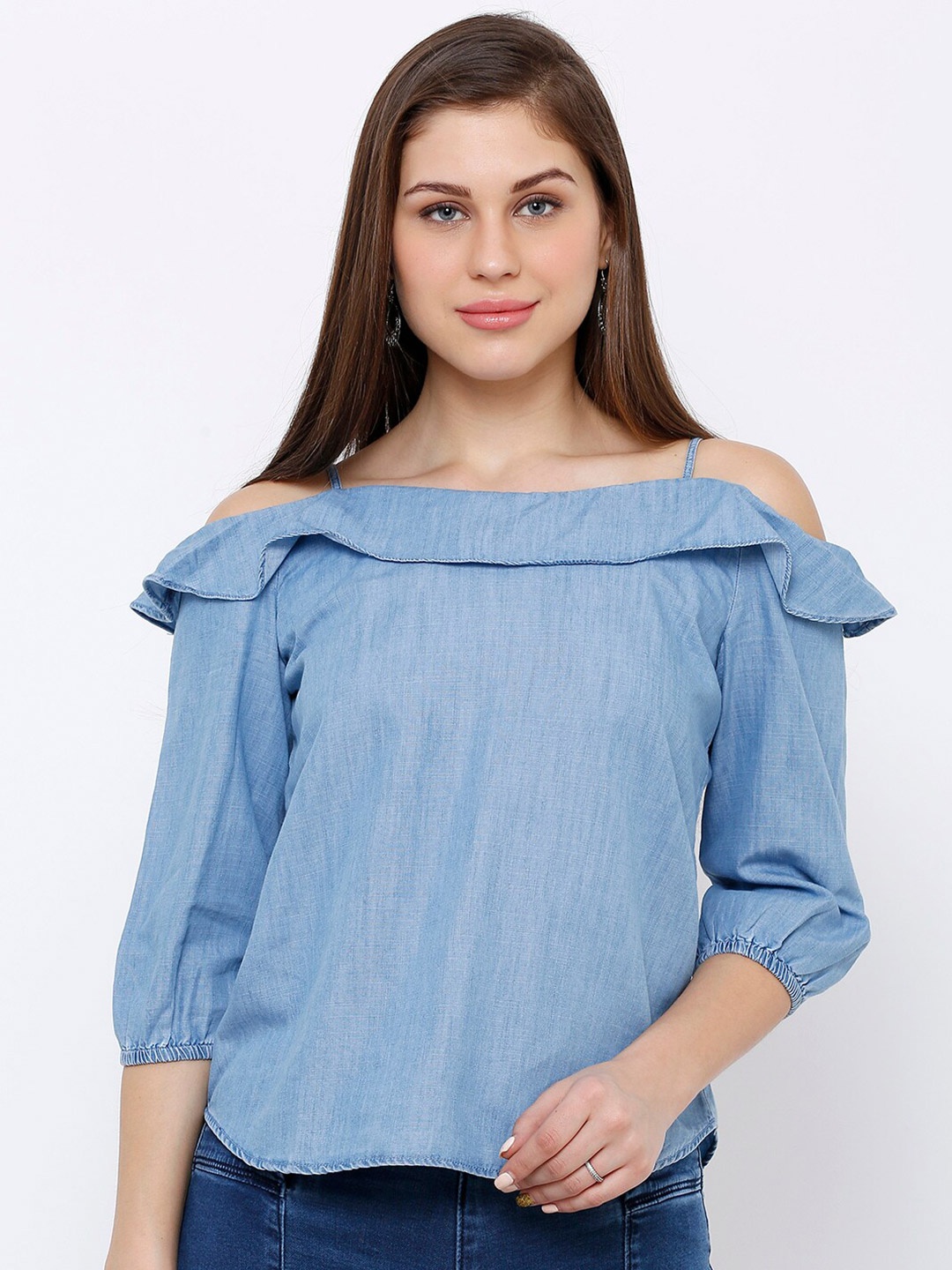 

Kraus Jeans Off-Shoulder Cotton Bardot Top, Blue