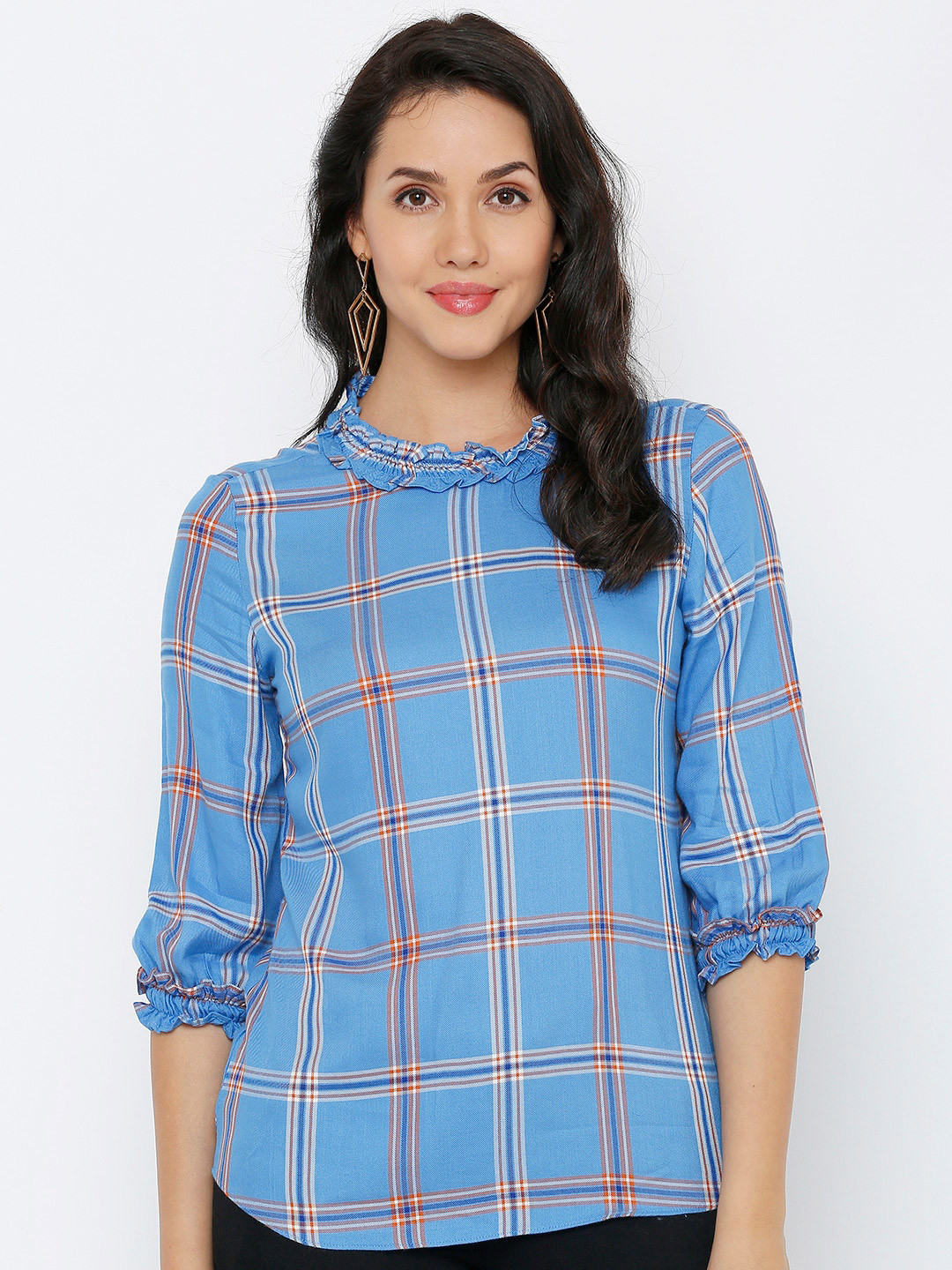 

Kraus Jeans Checked Puff Sleeve Top, Blue