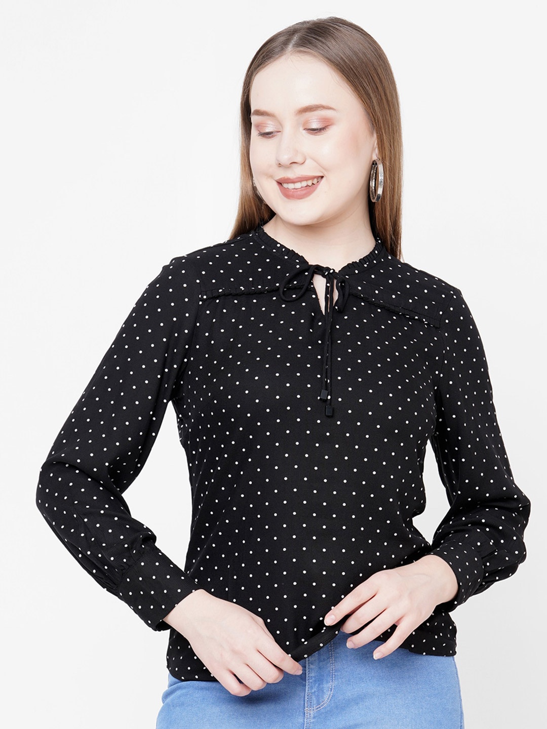 

Kraus Jeans Geometric Print Tie-Up Neck Top, Black