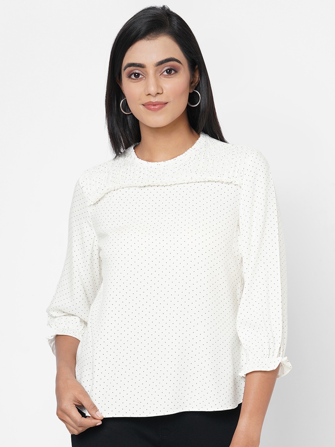 

Kraus Jeans Polka Dots Printed Keyhole Neck Top, Off white