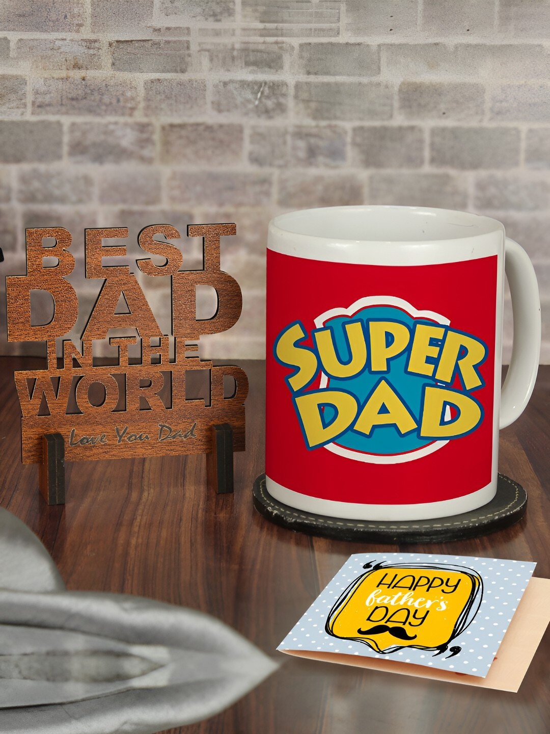 

TIED RIBBONS Red & Brown 3 Pieces Fathers Day Printed Home Gift Sets, White