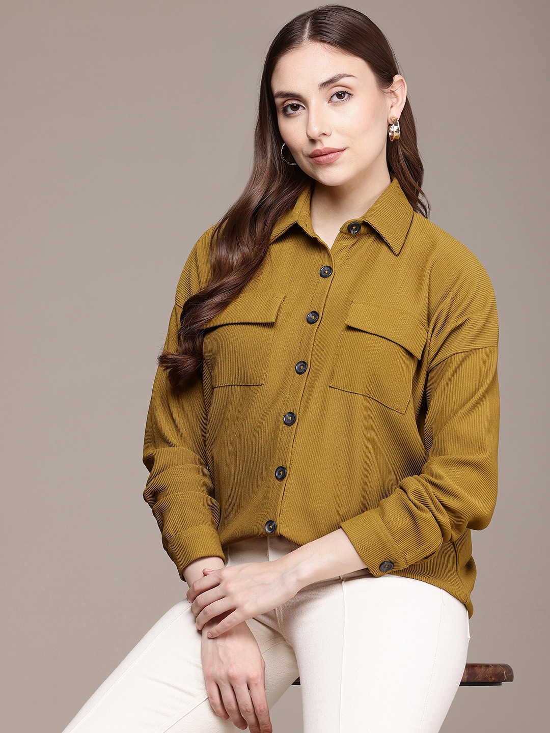 

French Connection Ribbed Casual Shirt, Olive