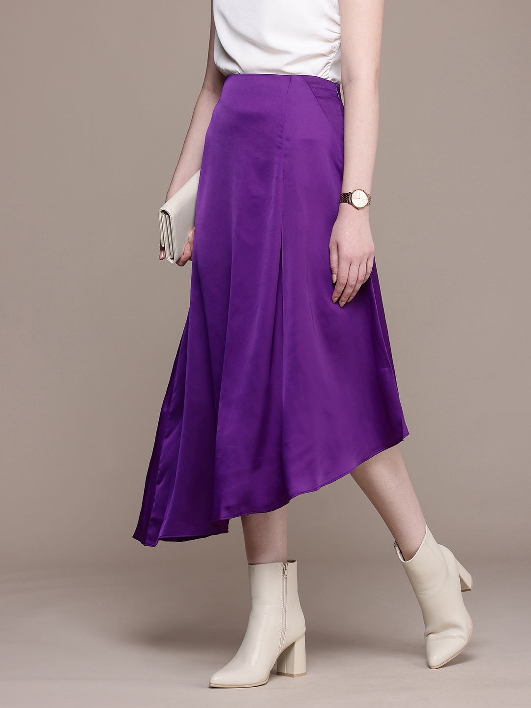 

French Connection Asymmetric Hem Satin Finish A-line Midi Skirt, Purple