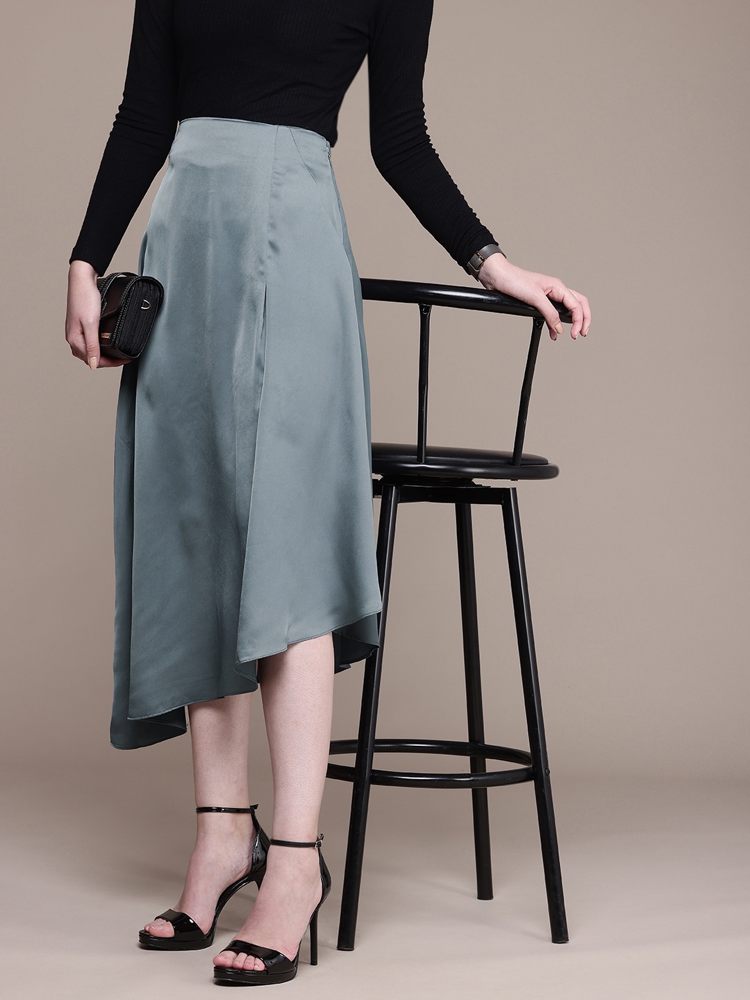 

French Connection Pleated Detail Satin A-Line Skirt, Grey