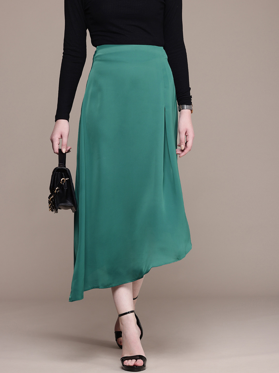 

French Connection Pleated Detail Satin A-Line Skirt, Green