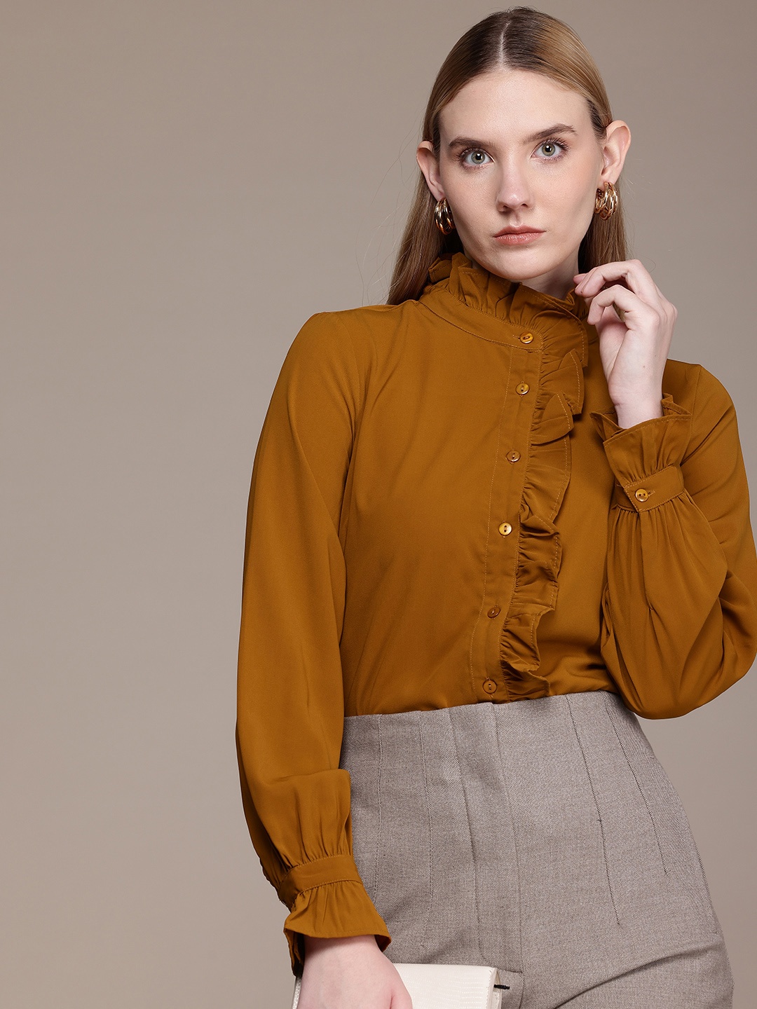

French Connection Ruffles Detailed Casual Shirt, Brown
