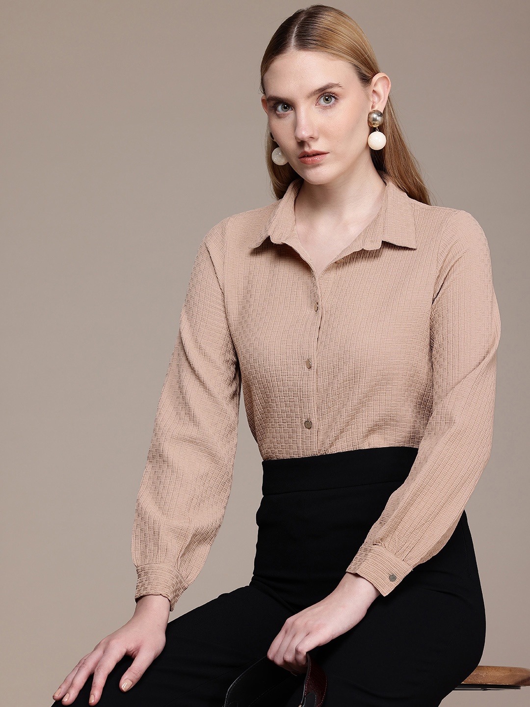 

French Connection Self Design Textured Casual Shirt, Beige