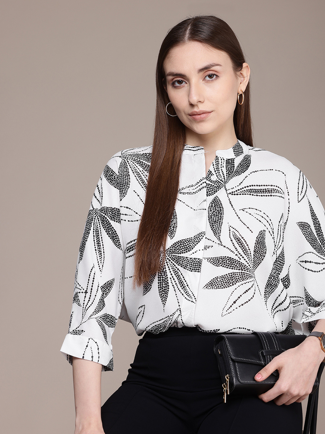 

French Connection Floral Printed Mandarin Collar Casual Shirt, White