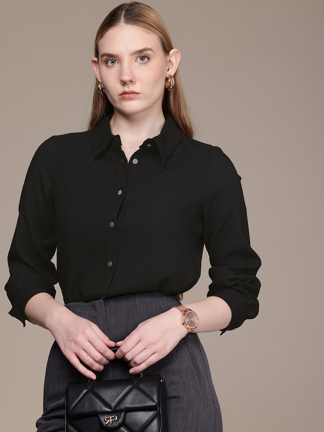 

French Connection Self Design Textured Casual Shirt, Black