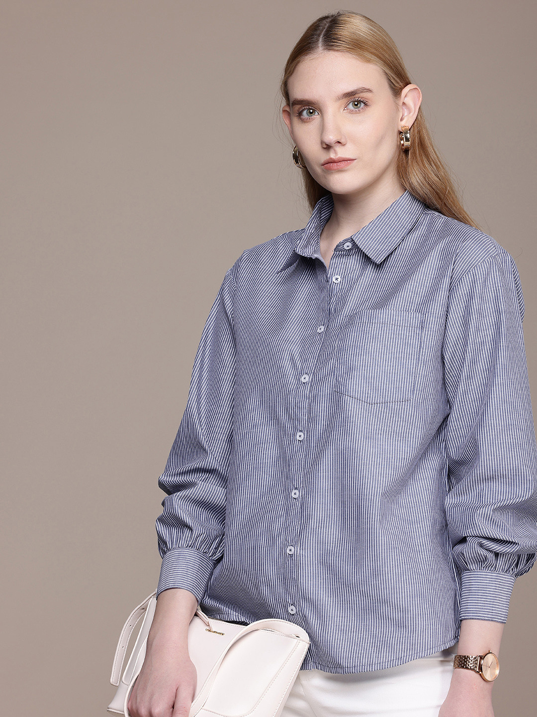 

French Connection Opaque Striped Casual Shirt, Navy blue