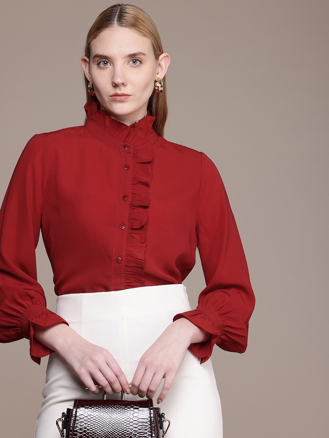 

French Connection Ruffles Detail Casual Shirt, Red